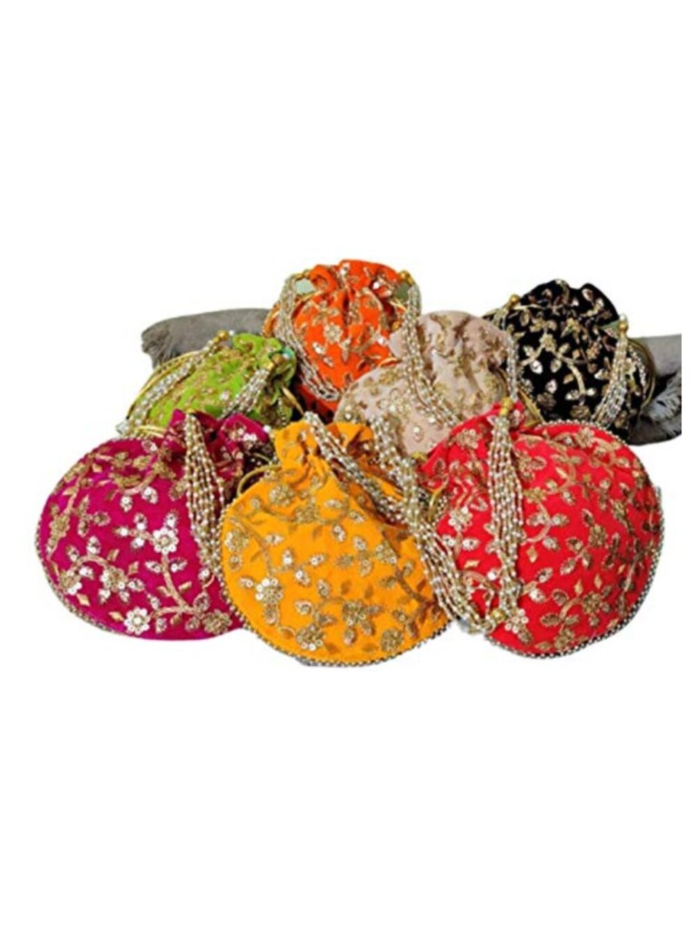 Indian Handmade Velvet Embroidered Potli Purse Drawstring Bag Set of 5